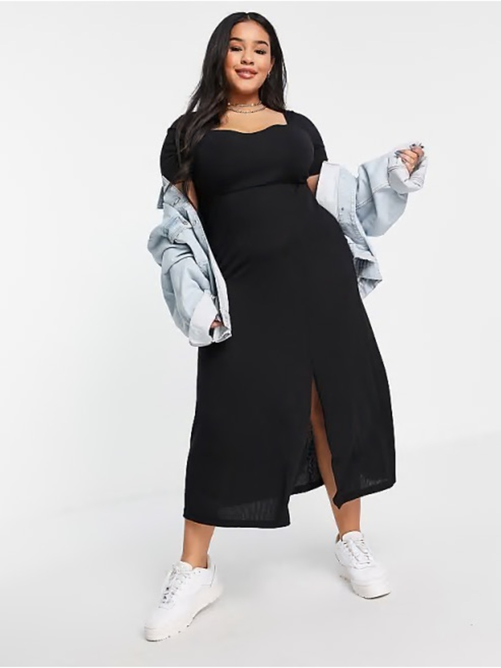 Asos Design Curve Black sweetheart neckline ribbed knit midi Dress Front Slit
